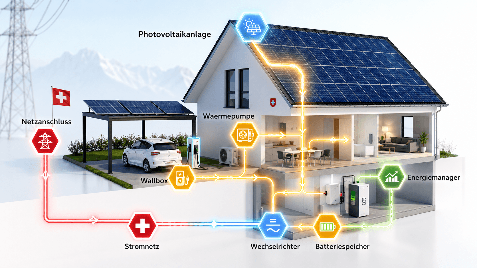 Energiesystem eines Schweizer Einfamilienhauses: Photovoltaikanlage, Carport-Solar, Wallbox, Wärmepumpe, Wechselrichter, Batteriespeicher und Energiemanager mit Netzanschluss